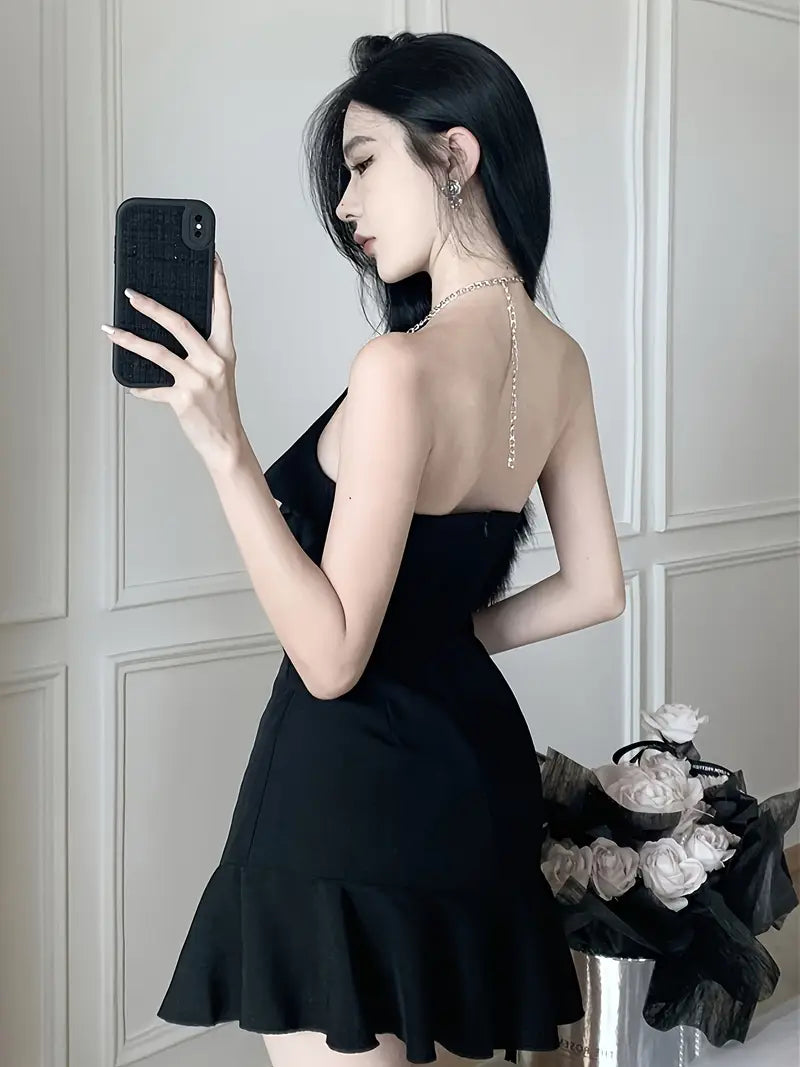 Sexy Black Ruffle Halter Neck Sleeveless Dress - Asymmetrical A-Line Cut with Backless Design, Lightweight Summer Beach Dress for Women, Perfect for Casual or Stylish Outfits, Beach Dresses, Summer Fashion, Backless Fashion, Elegant Appearance