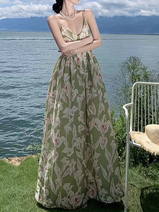 Women's Floral Print Backless Maxi Dress - Lightweight Breathable Fabric, Spaghetti Strap V-Neck High-Waisted Sundress with Adjustable Tie-Back for Beach Vacations, Summer Outings & Casual Resort Wear