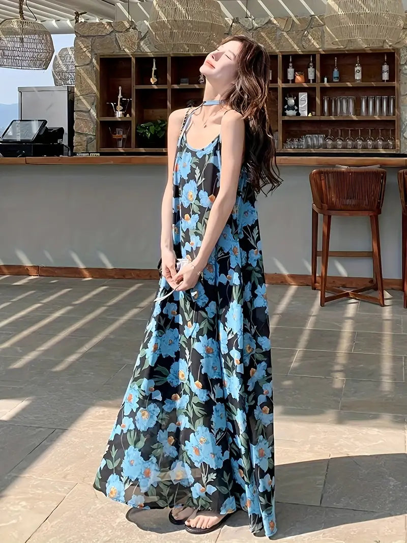 Women's Elegant Floral maxi dress - One-Shoulder/Spaghetti Strap Beach party Outfit