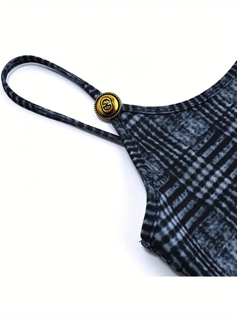 Womenacute;s Slip Dress, Sleeveless Plaid Pattern Backless Slim-Fit Metal Decoration Sling Dress, Casual Simple One-Piece Clothes