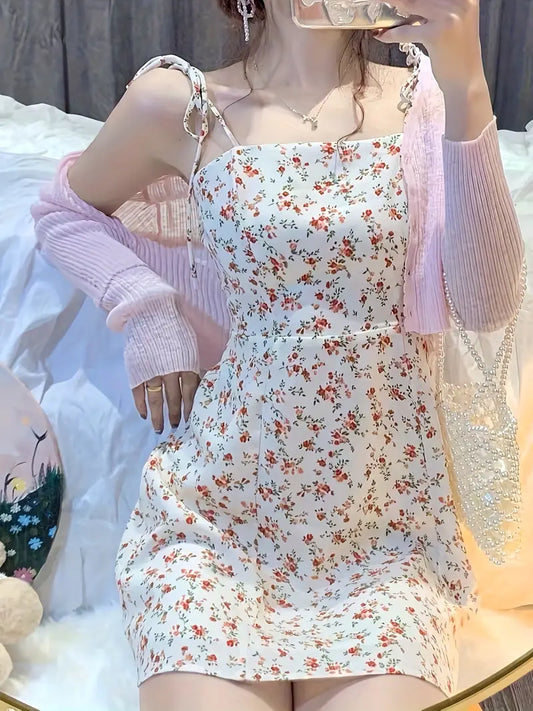 Gentle Floral Camisole Dress Set for Women, Summer Chic Waist-Cinched Mini Skirt