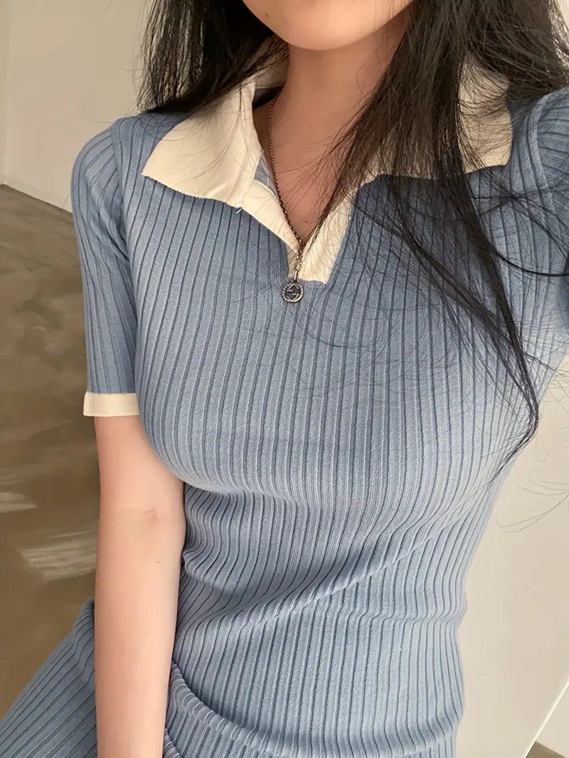Women's Casual Contrast Color Block Dress - Slim Fit Stretchy Rayon-Polyester Blend, Knee-Length Short Sleeve Summer Dress for Spring/Summer, Machine Washable
