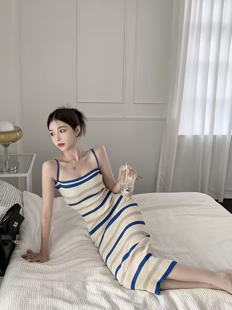 Women's French Striped Midi Dress - Strapless/One-Shoulder Boat Neck A-Line Layering Dress, Beige/Navy/White Horizontal Stripes, All-Season Slip Dress or Outerwear, Hand Washable Casual to Elegant Blouse