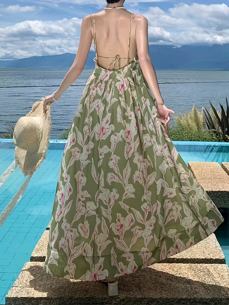 Women's Floral Print Backless Maxi Dress - Lightweight Breathable Fabric, Spaghetti Strap V-Neck High-Waisted Sundress with Adjustable Tie-Back for Beach Vacations, Summer Outings & Casual Resort Wear
