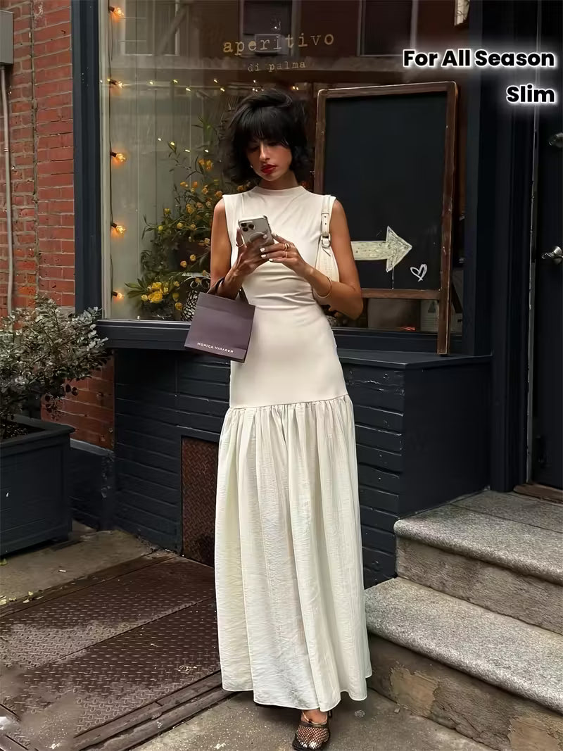 Women's French-Inspired Elegant Sleeveless Dress - Slim Fit Top & Flowy Maxi Skirt, Solid Color Round Neck Long Dress, Machine Washable All-Season Casual to Formal Wear, Everyday Stylish Outfit, Sophisticated Fashion