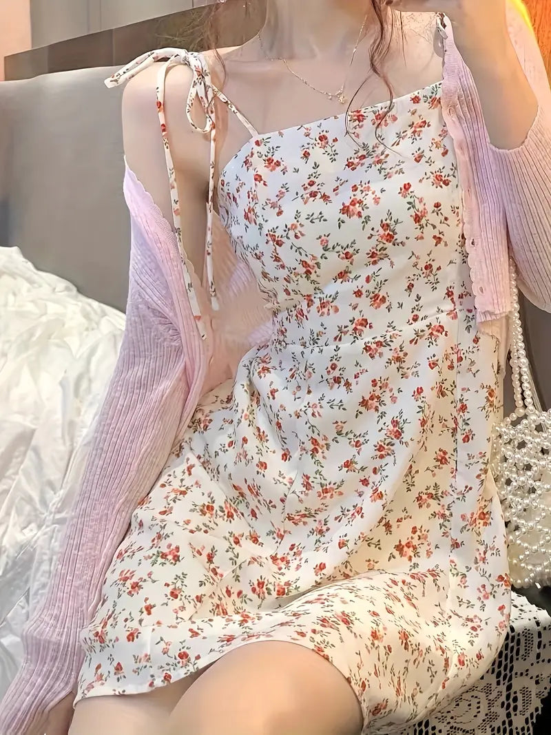 Gentle Floral Camisole Dress Set for Women, Summer Chic Waist-Cinched Mini Skirt