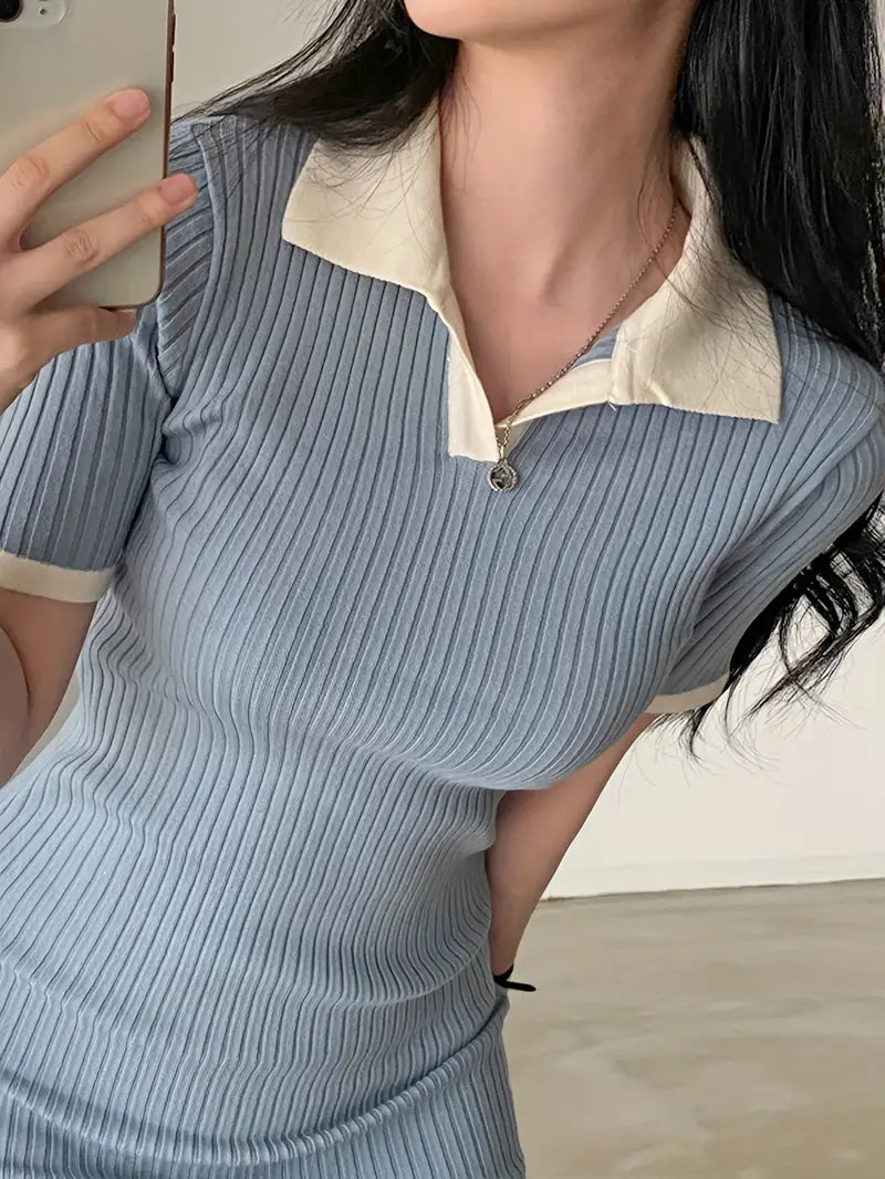 Women's Casual Contrast Color Block Dress - Slim Fit Stretchy Rayon-Polyester Blend, Knee-Length Short Sleeve Summer Dress for Spring/Summer, Machine Washable