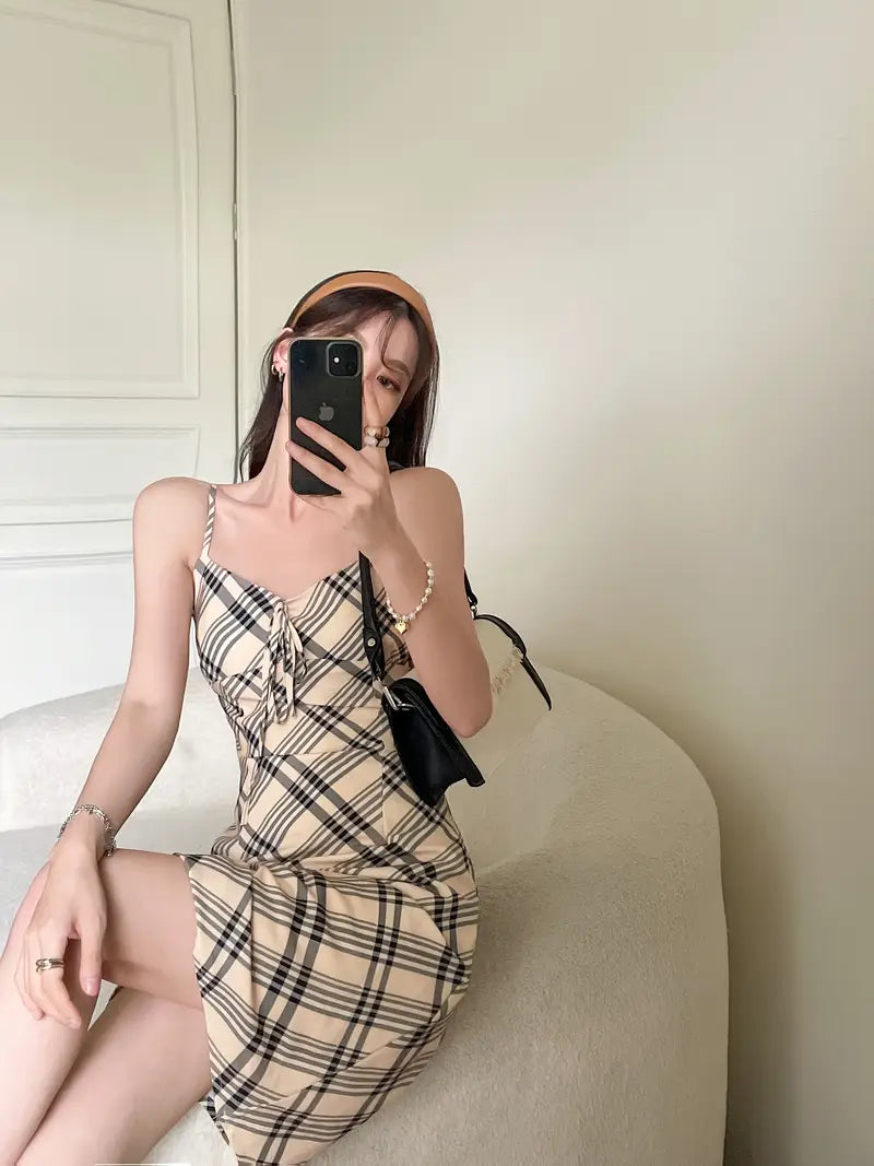Women's Adjustable Front Tie-Up Beige & Black Checkered A-Line Mini Dress - Lightweight Non-Stretch Pencil Skirt for Summer, Party, Date, Vacation - Elegant Casual & Formal Outfits, Party Outfit, Smooth Fabric Finish