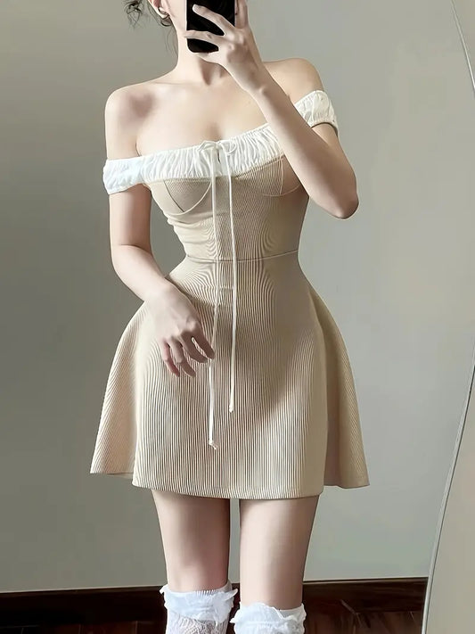 Off-Shoulder Mini Dress with Black Trim | Elegant Cinched Waist, Lace-Up Detail, Ruffled Hem, Perfect for Summer Vacation