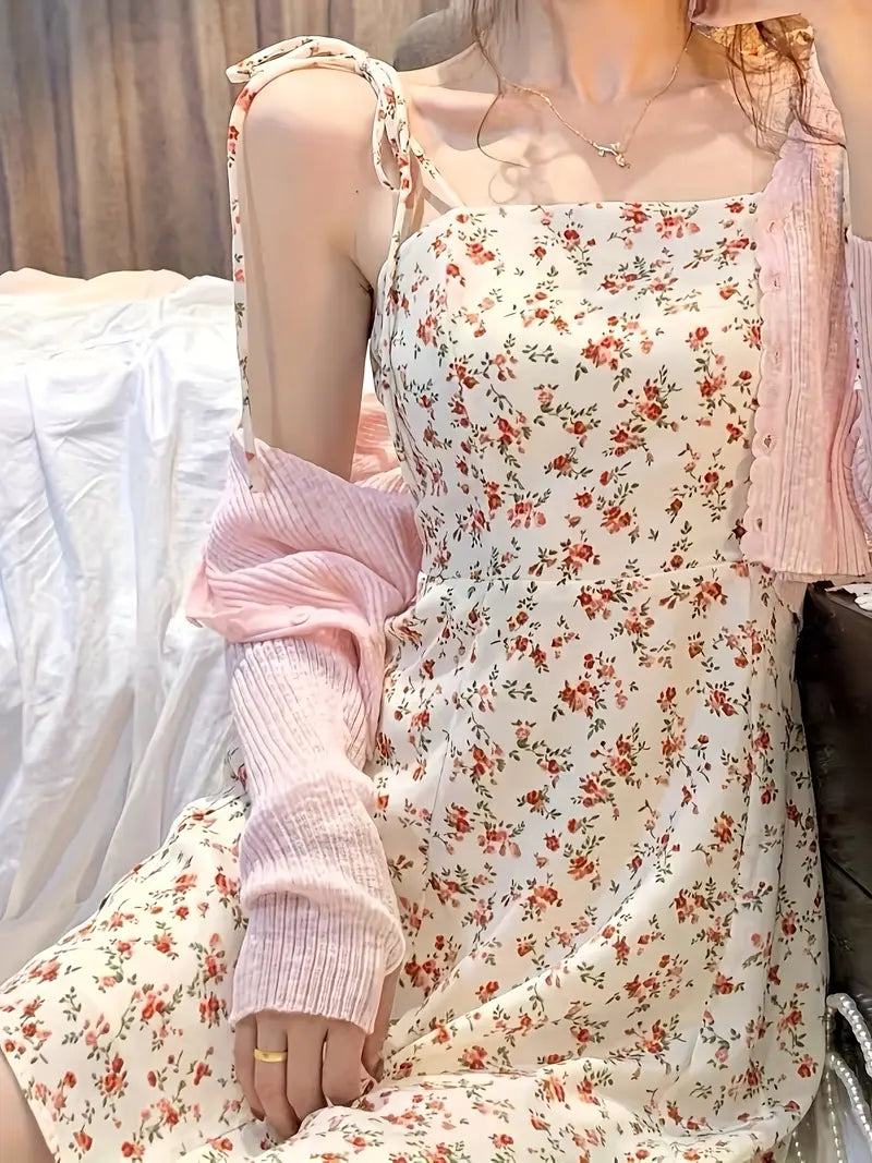 Gentle Floral Camisole Dress Set for Women, Summer Chic Waist-Cinched Mini Skirt
