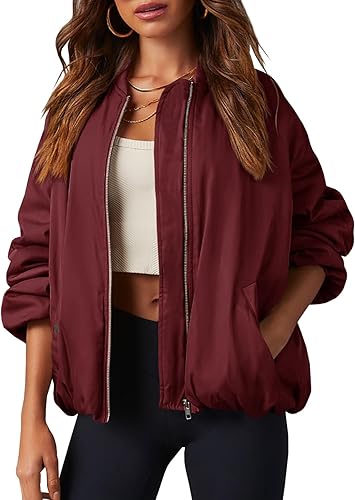 Womens Zip Up Bomber Jacket Oversized Fashion Casual Fully Lined Winter Coats With Pockets
