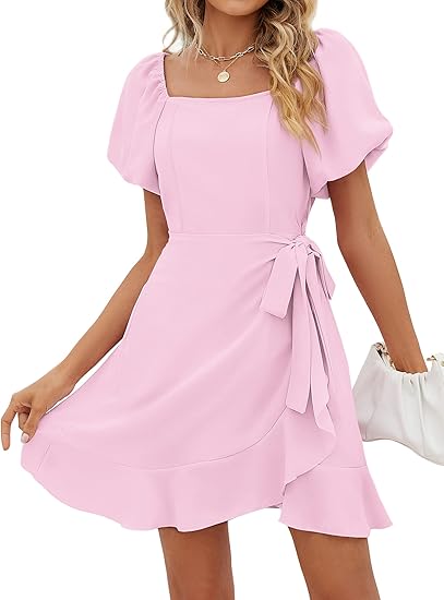 Women's Summer Dress Square Neck Puff Sleeve Waist Tie Short Dress