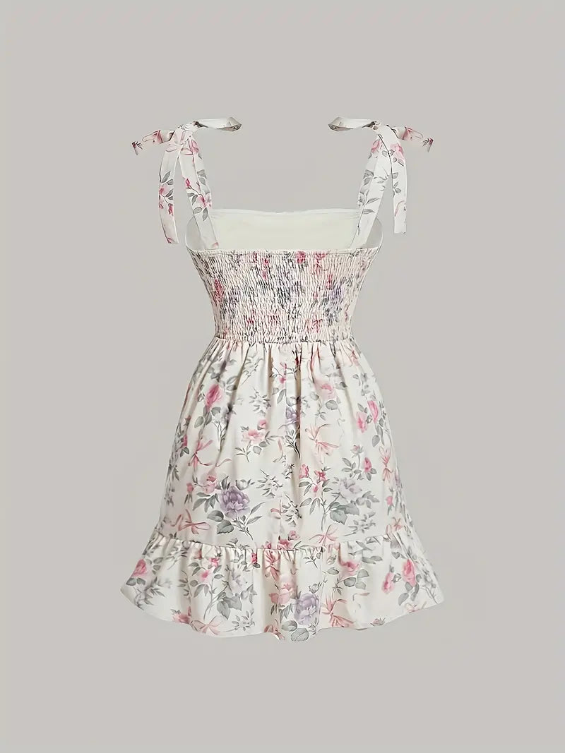 Print Ruffle Hem Dress with Tie-Shoulder Design - Backless Ruched Asymmetrical Dress for Women, Spring/Summer Vacation Style, Machine Washable, Summer Fashion | No Stretch Fabric, Cute Dresses