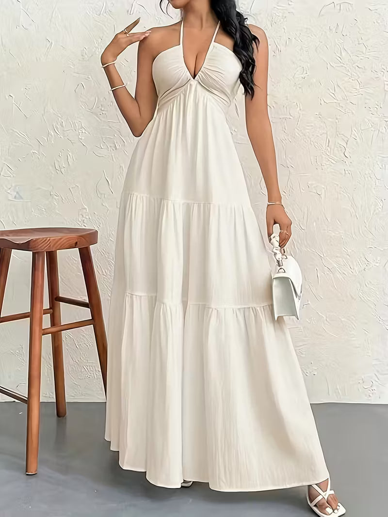 Elegant Vacation Style Dress | 2025 Spring/Summer New Women's Beach Halter Neck V-Neck Pleated A-Line Long Dress