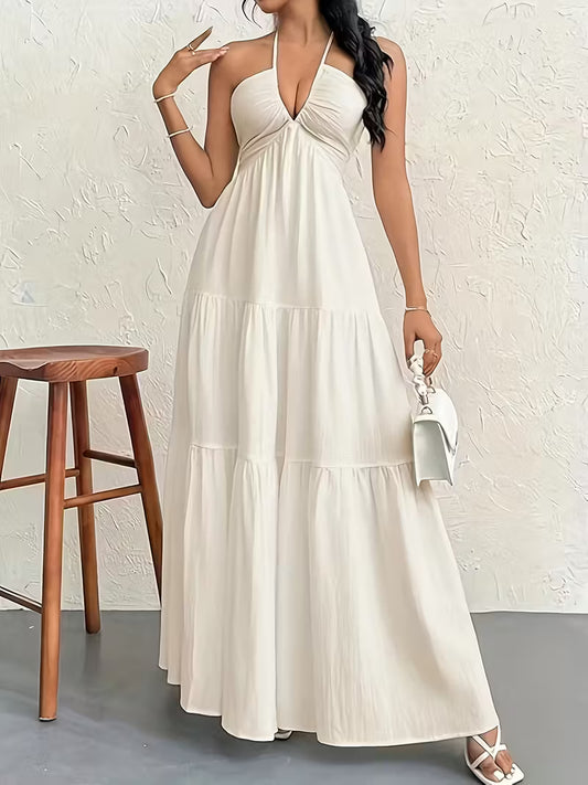Elegant Vacation Style Dress | 2025 Spring/Summer New Women's Beach Halter Neck V-Neck Pleated A-Line Long Dress