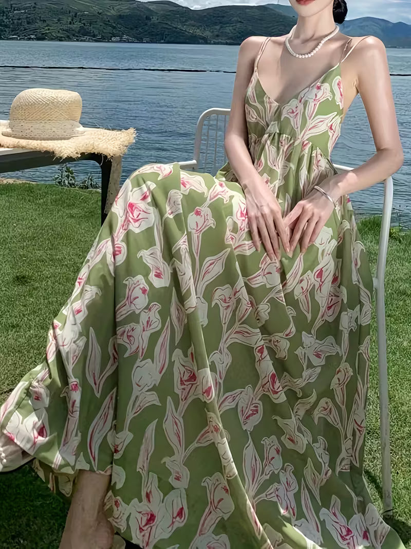 Women's Floral Print Backless Maxi Dress - Lightweight Breathable Fabric, Spaghetti Strap V-Neck High-Waisted Sundress with Adjustable Tie-Back for Beach Vacations, Summer Outings & Casual Resort Wear