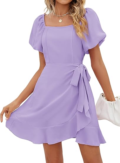 Women's Summer Dress Square Neck Puff Sleeve Waist Tie Short Dress