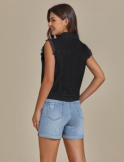 Women's denim vest button down distressed distressed vest top western casual sleeveless denim jacket with pockets