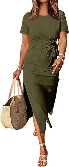 Women's 2025 Summer Maxi Dress T-shirt Dress Short Sleeve Round Neck Waist Tie Casual Slim Fit Slit Spring Long Beach Dress
