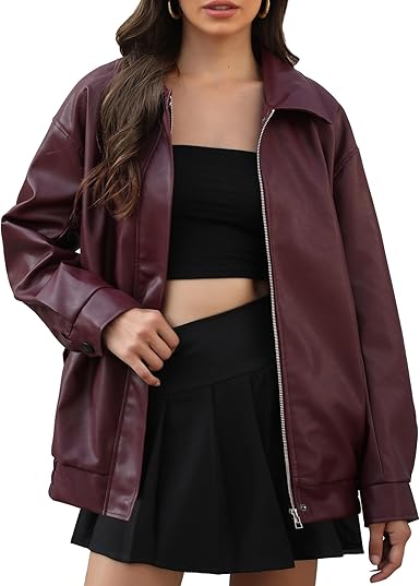 Women's Faux Leather Jackets Long Sleeve Zipper Oversized Motorcycle Biker Coat Trendy Travel Casual Outfits