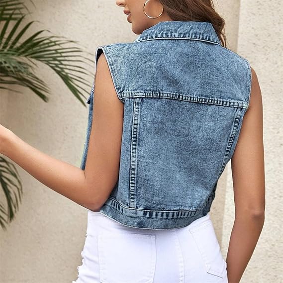 Cropped Denim Vest Women's Distressed Sleeveless Denim Jacket Casual Spread Collar Button-Up Vest