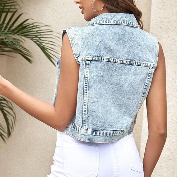 Cropped Denim Vest Women's Distressed Sleeveless Denim Jacket Casual Spread Collar Button-Up Vest