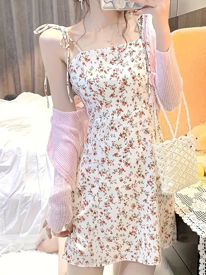 Gentle Floral Camisole Dress Set for Women, Summer Chic Waist-Cinched Mini Skirt