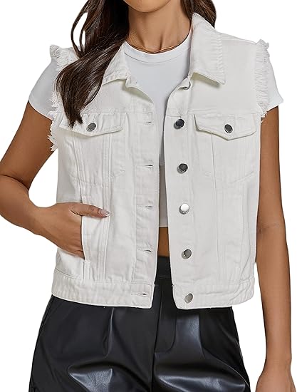 Women's denim vest button down distressed distressed vest top western casual sleeveless denim jacket with pockets