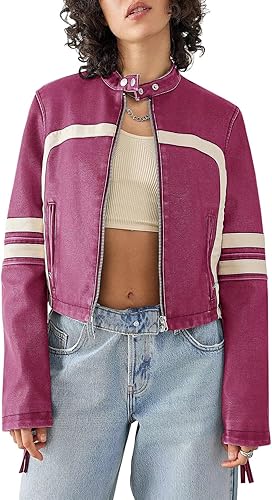Women’s Faux Leather Jackets Zip Up Stand Collar Cropped Motocross PU Coats