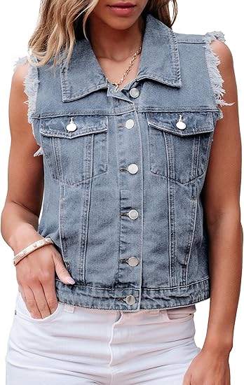Women's denim vest button down distressed distressed vest top western casual sleeveless denim jacket with pockets