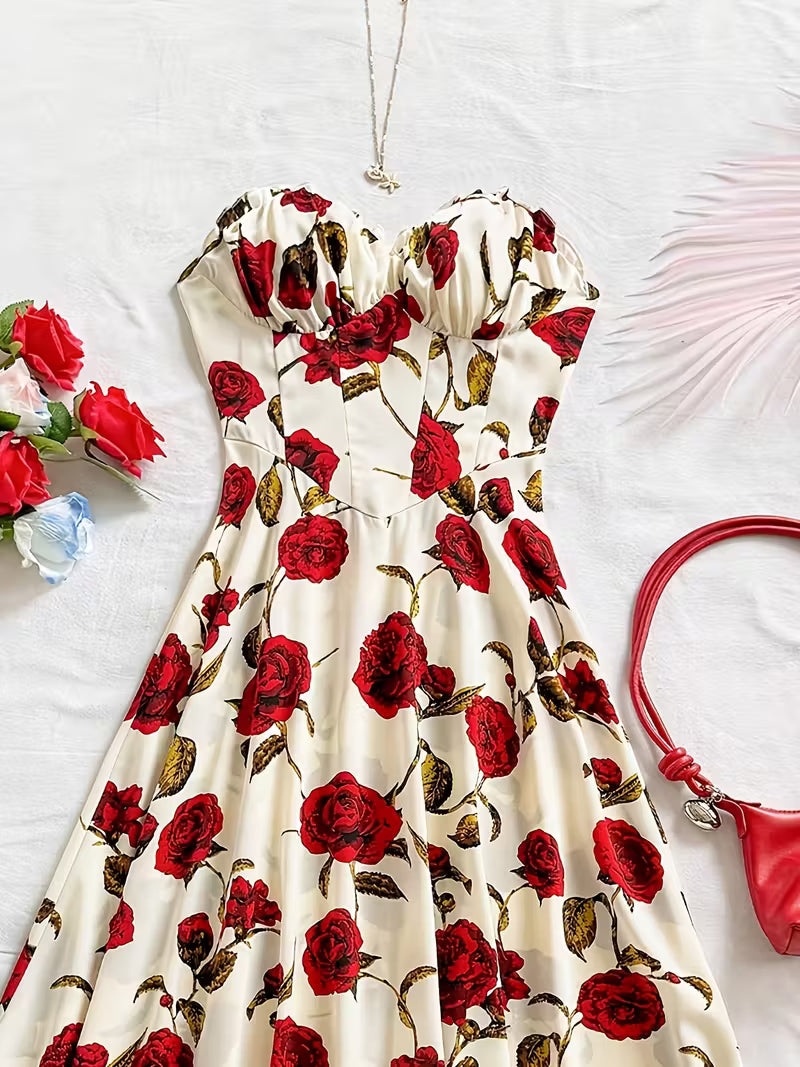 Elegant Off-Shoulder Red Rose Print Sleeveless Dress - Romantic French Style, No Sleeve Dress for Adult, Summer Fashion, Sleeveless Dress | Floral Print Dress | Elegant Offshoulder Style, Floral Dress