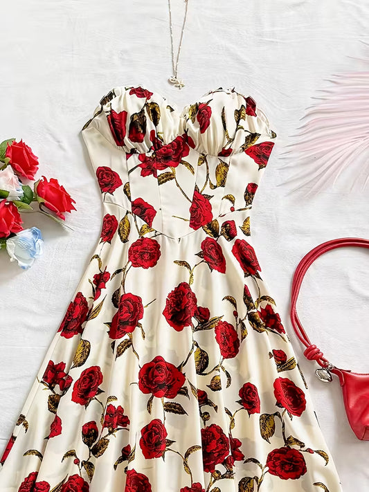 Elegant Off-Shoulder Red Rose Print Sleeveless Dress - Romantic French Style, No Sleeve Dress for Adult, Summer Fashion, Sleeveless Dress | Floral Print Dress | Elegant Offshoulder Style, Floral Dress