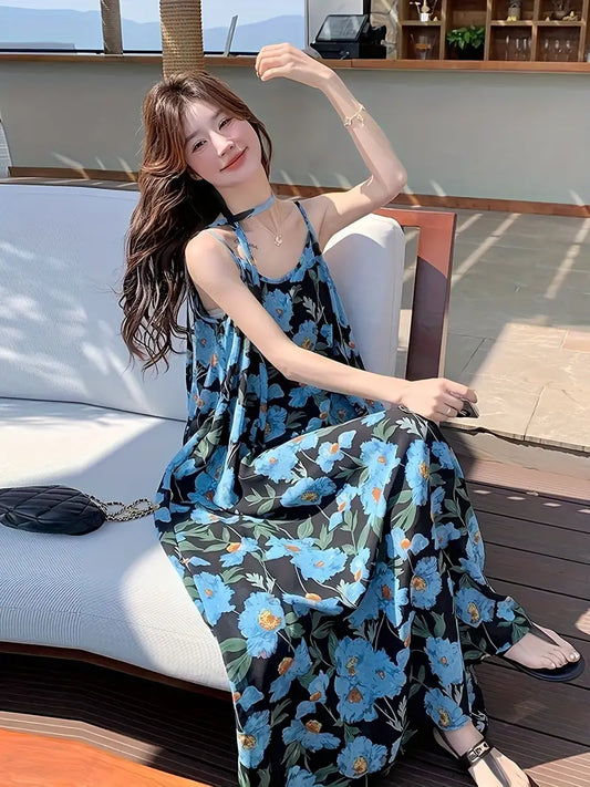 Women's Elegant Floral maxi dress - One-Shoulder/Spaghetti Strap Beach party Outfit