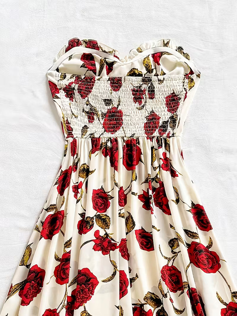Elegant Off-Shoulder Red Rose Print Sleeveless Dress - Romantic French Style, No Sleeve Dress for Adult, Summer Fashion, Sleeveless Dress | Floral Print Dress | Elegant Offshoulder Style, Floral Dress