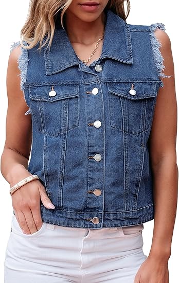 Women's denim vest button down distressed distressed vest top western casual sleeveless denim jacket with pockets