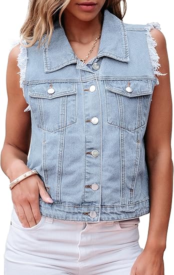 Women's denim vest button down distressed distressed vest top western casual sleeveless denim jacket with pockets