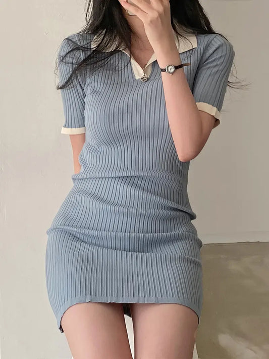 Women's Casual Contrast Color Block Dress - Slim Fit Stretchy Rayon-Polyester Blend, Knee-Length Short Sleeve Summer Dress for Spring/Summer, Machine Washable