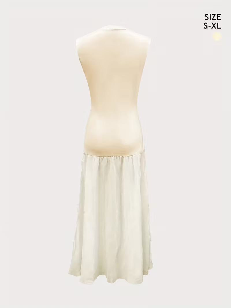 Women's French-Inspired Elegant Sleeveless Dress - Slim Fit Top & Flowy Maxi Skirt, Solid Color Round Neck Long Dress, Machine Washable All-Season Casual to Formal Wear, Everyday Stylish Outfit, Sophisticated Fashion