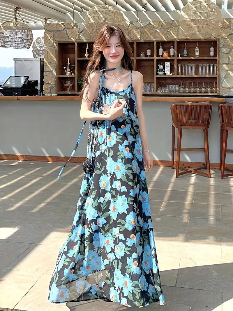 Women's Elegant Floral maxi dress - One-Shoulder/Spaghetti Strap Beach party Outfit