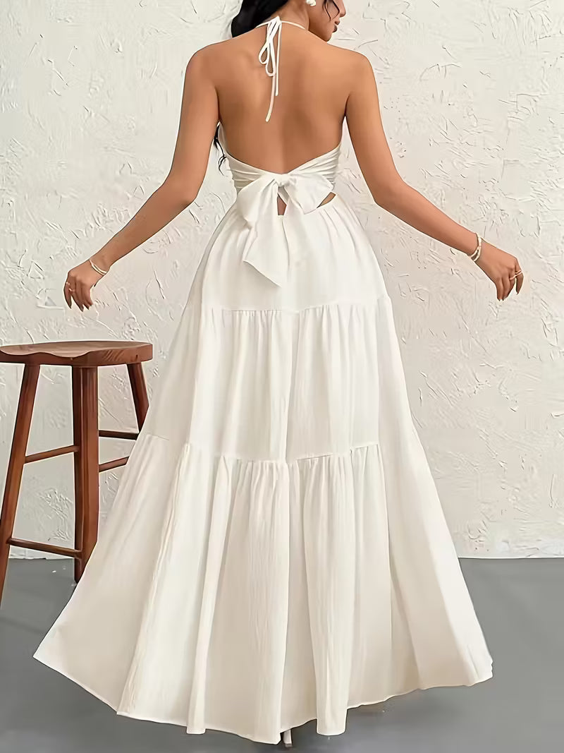 Elegant Vacation Style Dress | 2025 Spring/Summer New Women's Beach Halter Neck V-Neck Pleated A-Line Long Dress