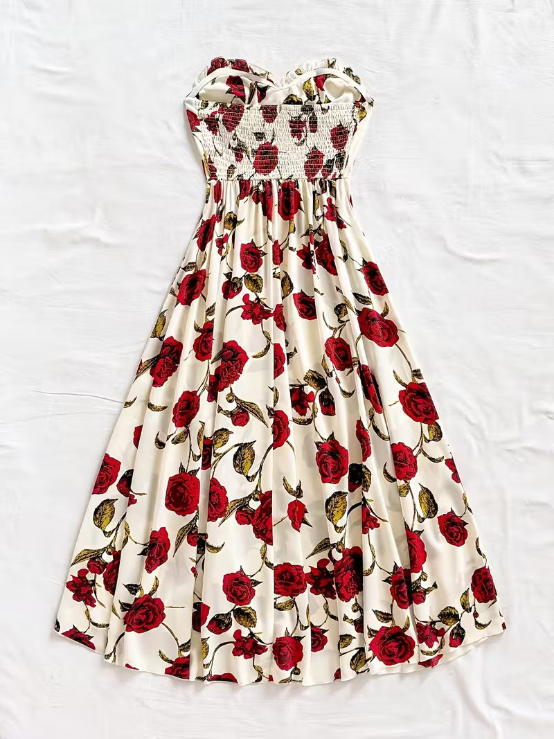 Elegant Off-Shoulder Red Rose Print Sleeveless Dress - Romantic French Style, No Sleeve Dress for Adult, Summer Fashion, Sleeveless Dress | Floral Print Dress | Elegant Offshoulder Style, Floral Dress