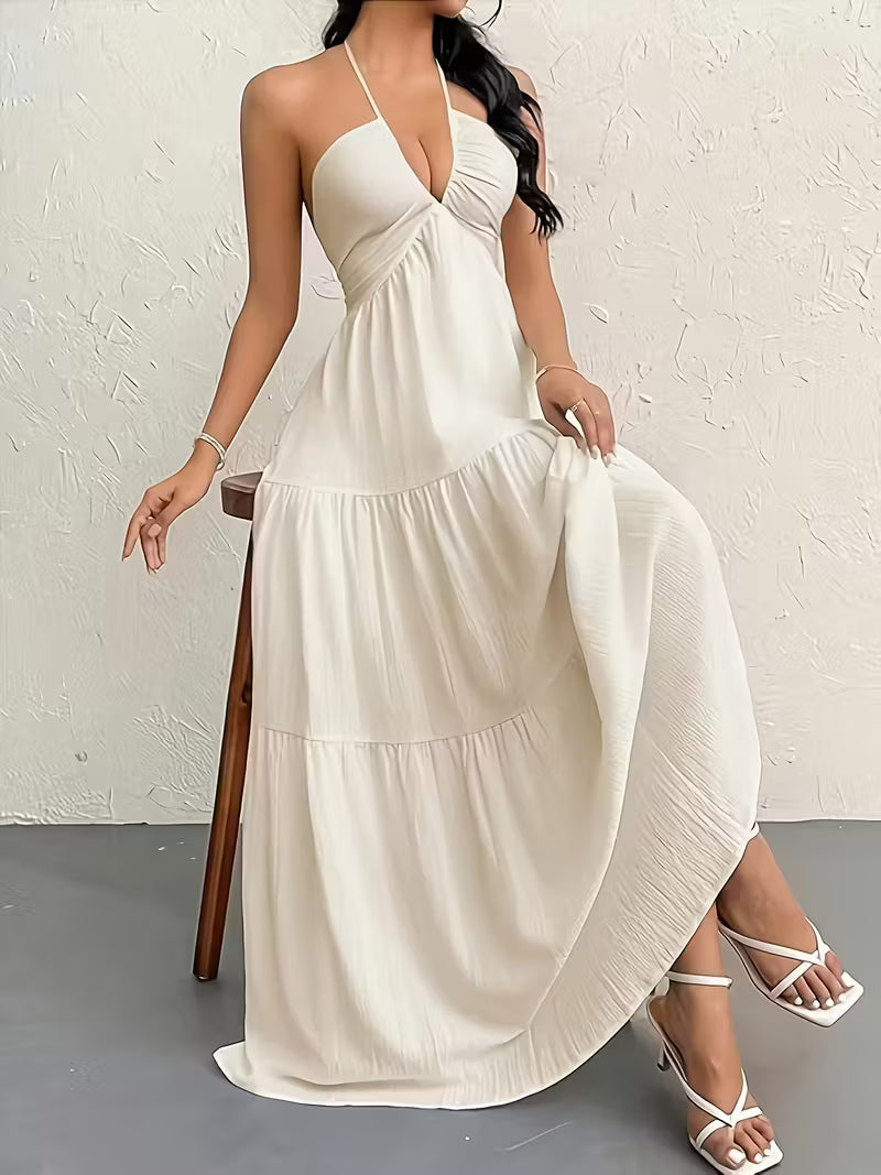 Elegant Vacation Style Dress | 2025 Spring/Summer New Women's Beach Halter Neck V-Neck Pleated A-Line Long Dress