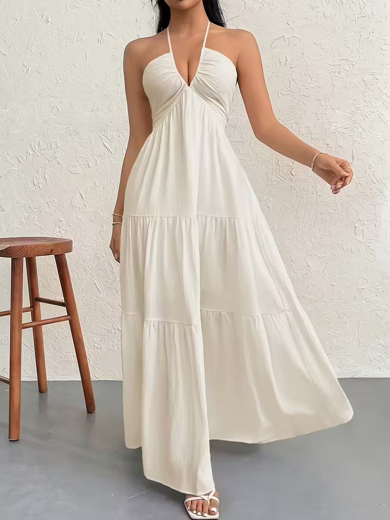 Elegant Vacation Style Dress | 2025 Spring/Summer New Women's Beach Halter Neck V-Neck Pleated A-Line Long Dress