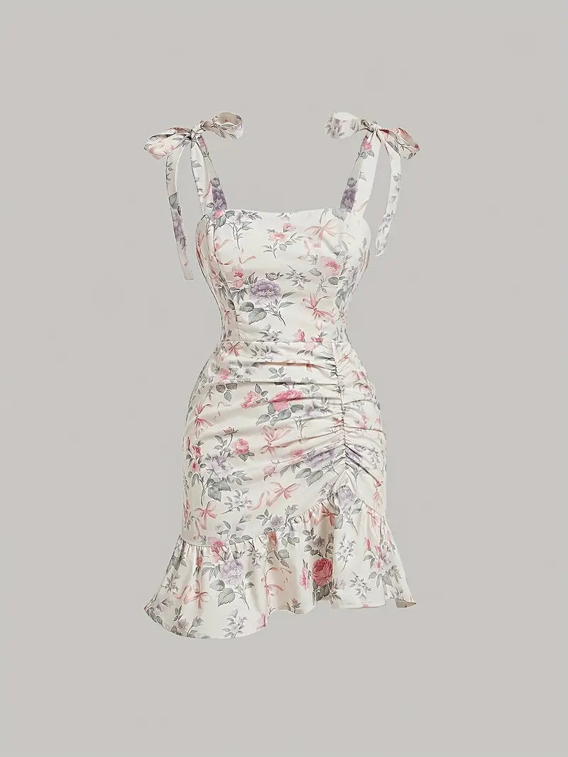 Print Ruffle Hem Dress with Tie-Shoulder Design - Backless Ruched Asymmetrical Dress for Women, Spring/Summer Vacation Style, Machine Washable, Summer Fashion | No Stretch Fabric, Cute Dresses
