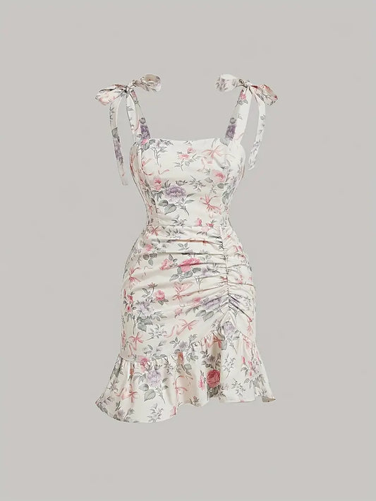 Print Ruffle Hem Dress with Tie-Shoulder Design - Backless Ruched Asymmetrical Dress for Women, Spring/Summer Vacation Style, Machine Washable, Summer Fashion | No Stretch Fabric, Cute Dresses
