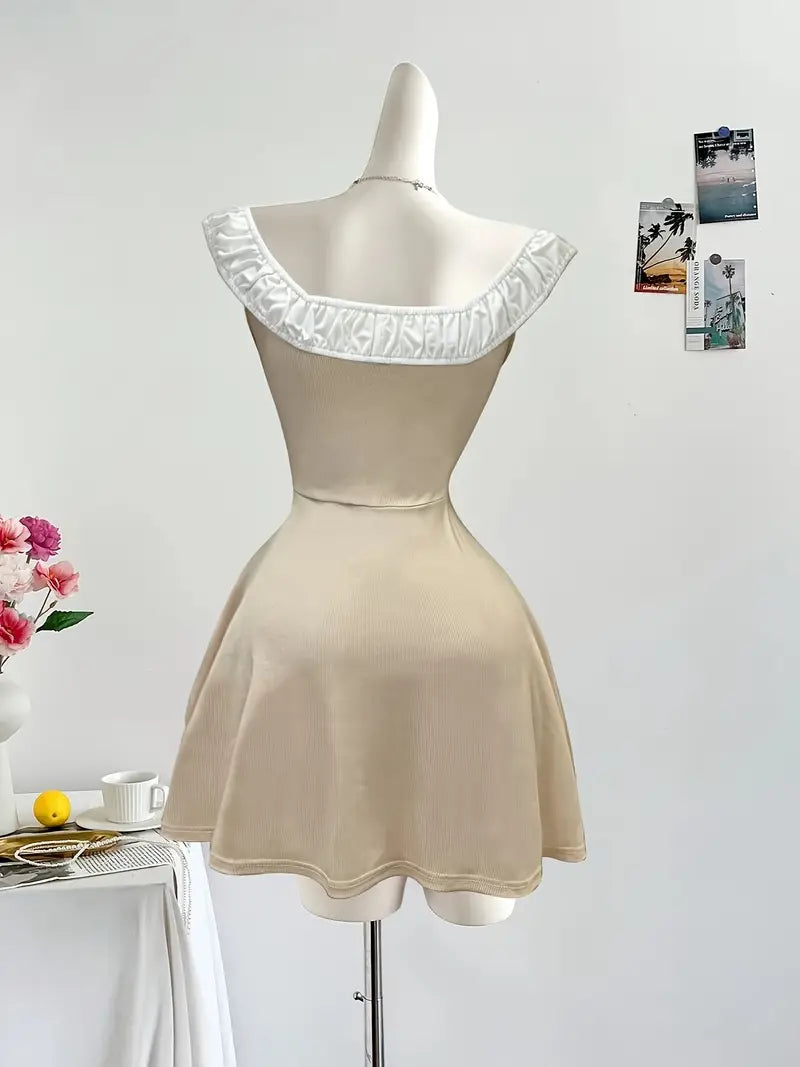Off-Shoulder Mini Dress with Black Trim | Elegant Cinched Waist, Lace-Up Detail, Ruffled Hem, Perfect for Summer Vacation