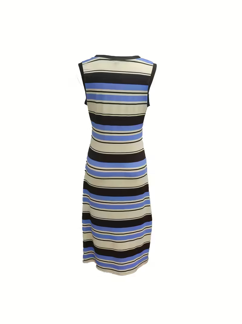 Women'S Sleeveless Striped Maxi Dress - Slim Fit, Color Block Design, Round Neck, Lightweight Polyester Blend for Spring/Summer, Perfect for Casual or Fashionable Outfits, Casual Summer Dress | Sleeveless Fashion | Lightweight Fabric