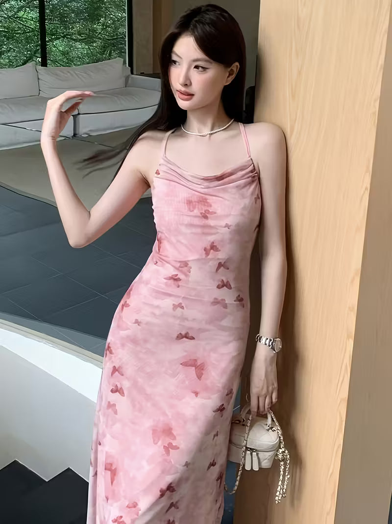 Women's Elegant Off-the-Shoulder/One-Shoulder Formal & party dress - Flowy Pastel pink to red Gradient, Machine Washable - for Weddings, Galas, Proms - Year-Round Evening Gown, Wedding Guest Outfit, Lightweight Fabric, Fitted Bodice, Bridal Party Wear