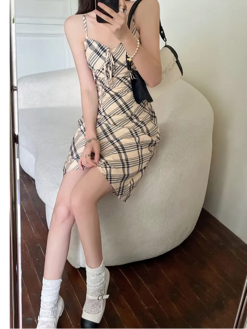 Women's Adjustable Front Tie-Up Beige & Black Checkered A-Line Mini Dress - Lightweight Non-Stretch Pencil Skirt for Summer, Party, Date, Vacation - Elegant Casual & Formal Outfits, Party Outfit, Smooth Fabric Finish