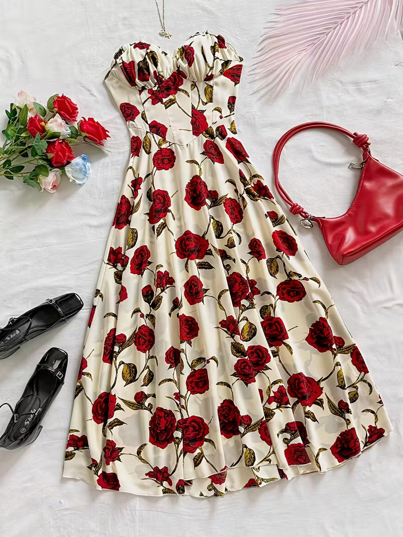 Elegant Off-Shoulder Red Rose Print Sleeveless Dress - Romantic French Style, No Sleeve Dress for Adult, Summer Fashion, Sleeveless Dress | Floral Print Dress | Elegant Offshoulder Style, Floral Dress